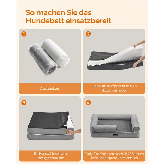 Feandrea Orthopädisches Hundebett, Hundekissen, Hundekorb, weiche Polsterung, Hundesofa, erhöhte Ränder, Bezug abnehmbar und waschbar, 76 x 51 x 18 cm, rutschfeste Unterseite, hellgrau PGW074G02V1