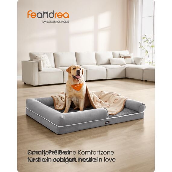 Feandrea Orthopädisches Hundebett, Hundekissen, Hundekorb, weiche Polsterung, Hundesofa, erhöhte Ränder, Bezug abnehmbar und waschbar, 135 x 107 x 23 cm, rutschfeste Unterseite, hellgrau PGW079G02V1