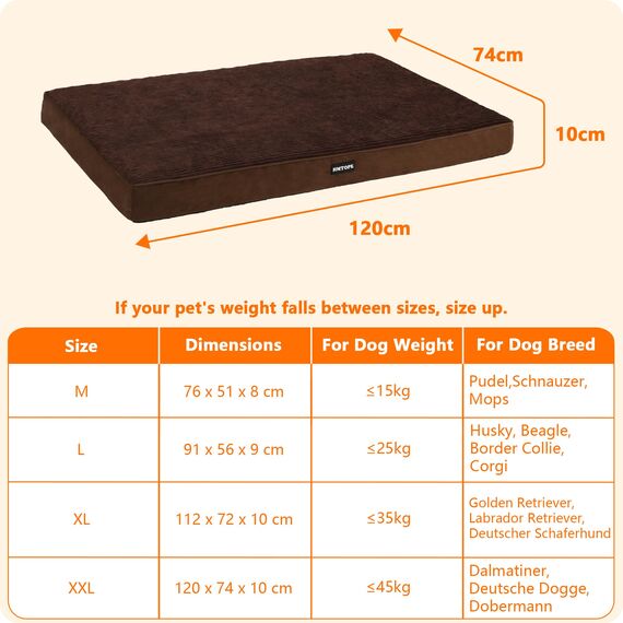 HMTOPE Orthopädisches Hundebett, 10cm Dicke Hundekissen für Grosse Hunde, Abnehmbar und Waschbar Hundematte, rutschfeste Unterseite, Wasserdichtes Innenfutter, 120 cm, Braun