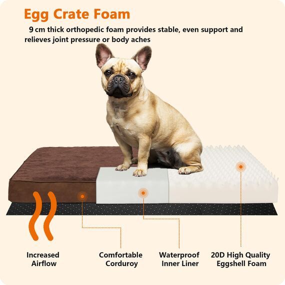 HMTOPE Orthopädisches Hundebett, 9cm Dicke Hundekissen für Mittelgroße Hunde, Abnehmbar und Waschbar Hundematte, rutschfeste Unterseite, Wasserdichtes Innenfutter, 91 cm, Braun