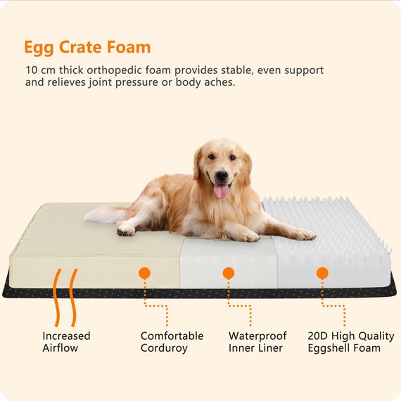 HMTOPE Orthopädisches Hundebett, 10cm Dicke Hundekissen für Mittelgroße Hunde, Grosse Hunde, Abnehmbar und Waschbar Hundematte, rutschfeste Unterseite, Wasserdichtes Innenfutter, 112 cm, Beige