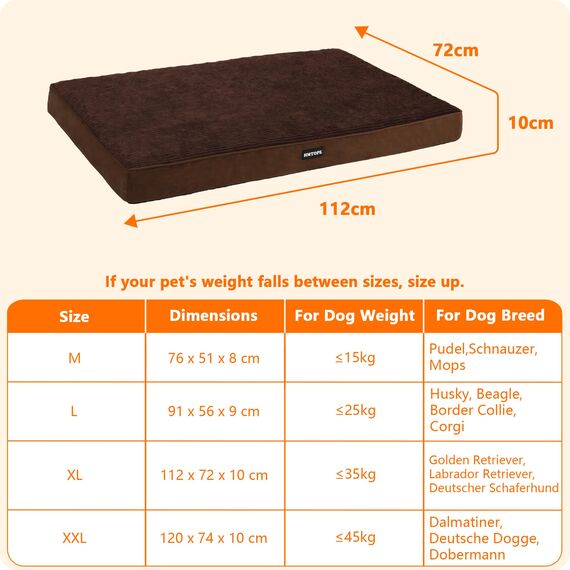 HMTOPE Orthopädisches Hundebett, 10cm Dicke Hundekissen für Mittelgroße Hunde, Grosse Hunde, Abnehmbar und Waschbar Hundematte, rutschfeste Unterseite, Wasserdichtes Innenfutter, 112 cm, Braun