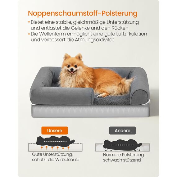 Feandrea Orthopädisches Hundebett, Hundekissen, Hundekorb, weiche Polsterung, Hundesofa, erhöhte Ränder, Bezug abnehmbar und waschbar, 76 x 51 x 18 cm, rutschfeste Unterseite, hellgrau PGW074G02V1