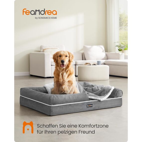 Feandrea Orthopädisches Hundebett, Hundekissen, Hundekorb, weiche Polsterung, Hundesofa, erhöhte Ränder, Bezug abnehmbar und waschbar, 106 x 71 x 18 cm, rutschfeste Unterseite, hellgrau PGW077G02V1