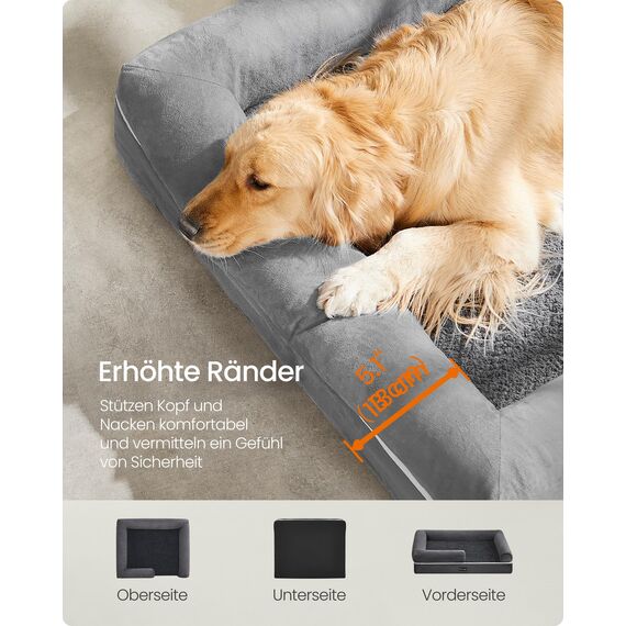 Feandrea Orthopädisches Hundebett, Hundekissen, Hundekorb, weiche Polsterung, Hundesofa, erhöhte Ränder, Bezug abnehmbar und waschbar, 106 x 71 x 18 cm, rutschfeste Unterseite, hellgrau PGW077G02V1