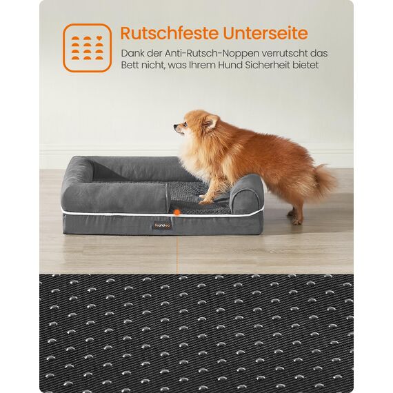 Feandrea Orthopädisches Hundebett, Hundekissen, Hundekorb, weiche Polsterung, Hundesofa, erhöhte Ränder, Bezug abnehmbar und waschbar, 76 x 51 x 18 cm, rutschfeste Unterseite, hellgrau PGW074G02V1