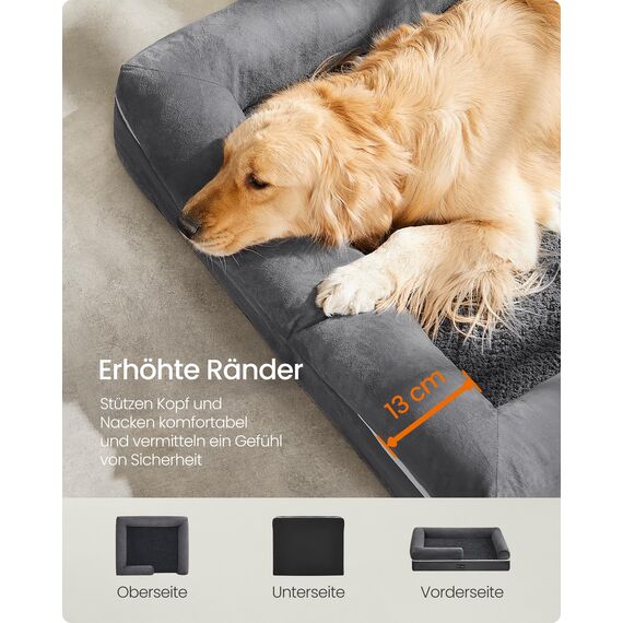Feandrea Orthopädisches Hundebett, Hundekissen, Hundekorb, weiche Polsterung, Hundesofa, erhöhte Ränder, Bezug abnehmbar und waschbar, 112 x 81 x 18 cm, rutschfeste Unterseite, dunkelgrau PGW068G01V1