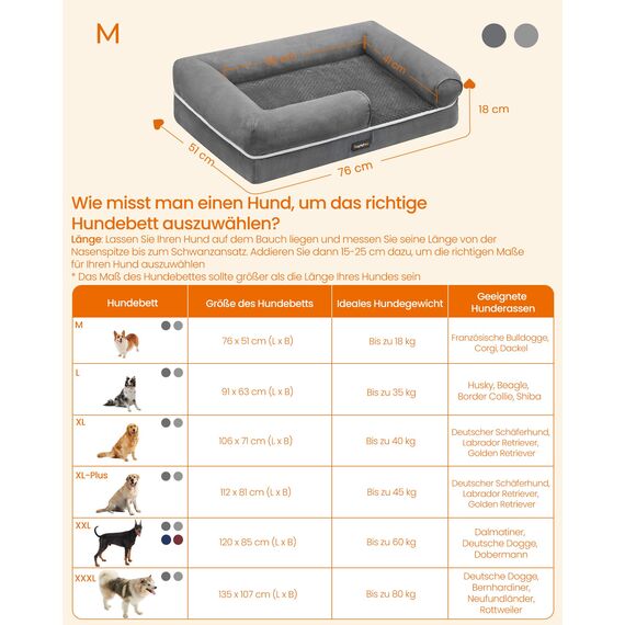Feandrea Orthopädisches Hundebett, Hundekissen, Hundekorb, weiche Polsterung, Hundesofa, erhöhte Ränder, Bezug abnehmbar und waschbar, 76 x 51 x 18 cm, rutschfeste Unterseite, hellgrau PGW074G02V1