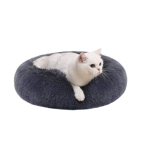 Feandrea Hundebett flauschig, Katzenbett, Donut Kissen, waschbar, Polsterung in der Mitte herausnehmbar, Langer Plüsch, 50 cm Durchmesser, dunkelgrau PGW037G02