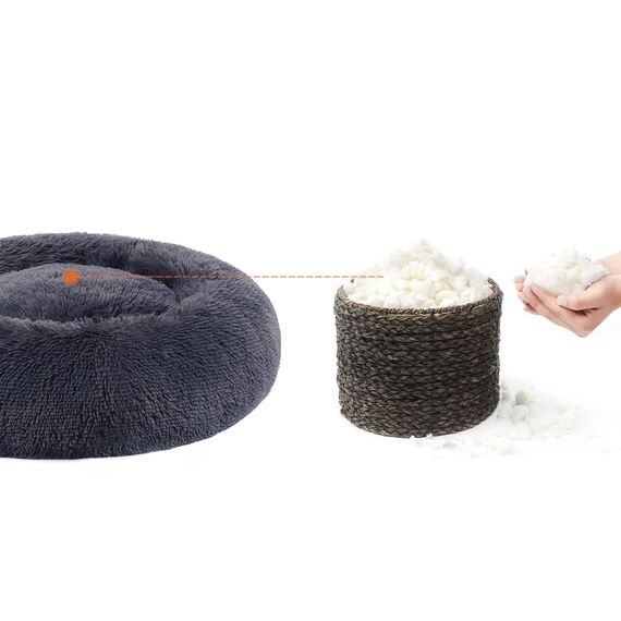 Feandrea Hundebett flauschig, Katzenbett, Donut Kissen, waschbar, Polsterung in der Mitte herausnehmbar, Langer Plüsch, 50 cm Durchmesser, dunkelgrau PGW037G02
