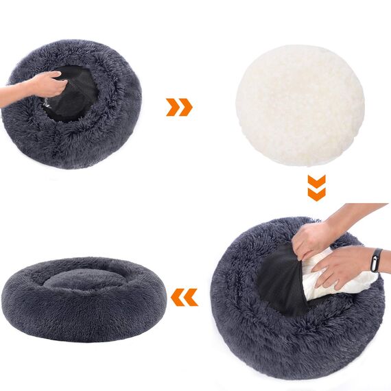 Feandrea Hundebett flauschig, Katzenbett, Donut Kissen, waschbar, Polsterung in der Mitte herausnehmbar, Langer Plüsch, 70 cm Durchmesser, dunkelgrau PGW039G02