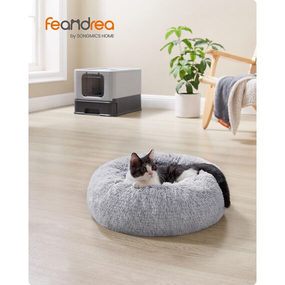 Feandrea Hundebett flauschig, Katzenbett, Donut Kissen, waschbar, Polsterung in der Mitte herausnehmbar, Langer Plüsch, 40 cm Durchmesser, Ombré-Grau PGW036G01