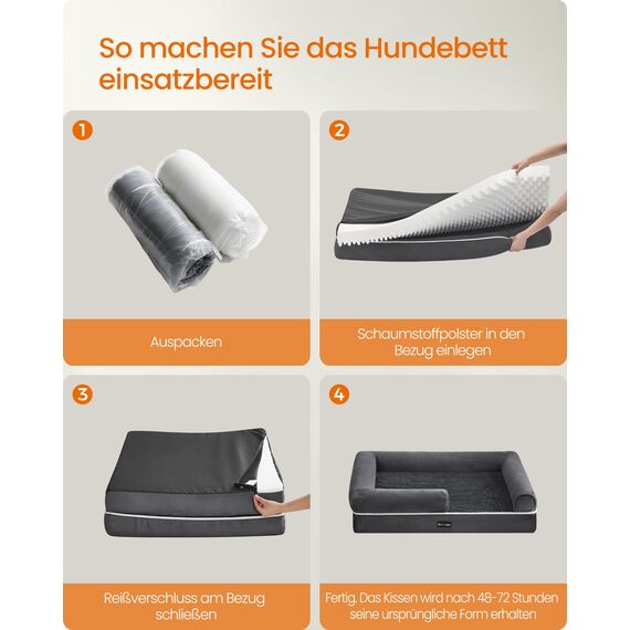 Feandrea Orthopädisches Hundebett, Hundekissen, Hundekorb, weiche Polsterung, Hundesofa, erhöhte Ränder, Bezug abnehmbar und waschbar, 120 x 85 x 18 cm, rutschfeste Unterseite, dunkelgrau PGW078G01V1