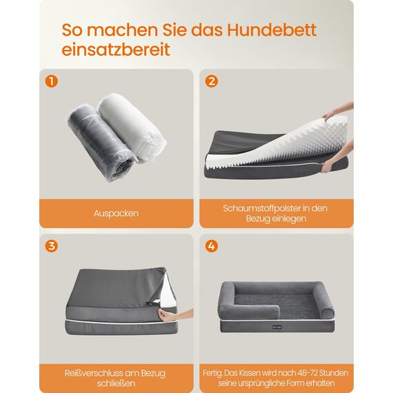 Feandrea Orthopädisches Hundebett, Hundekissen, Hundekorb, weiche Polsterung, Hundesofa, erhöhte Ränder, Bezug abnehmbar und waschbar, 106 x 71 x 18 cm, rutschfeste Unterseite, hellgrau PGW077G02V1