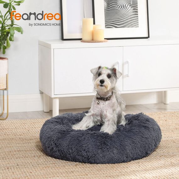 Feandrea Hundebett flauschig, Katzenbett, Donut Kissen, waschbar, Polsterung in der Mitte herausnehmbar, Langer Plüsch, 70 cm Durchmesser, dunkelgrau PGW039G02
