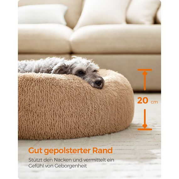 Feandrea Hundebett flauschig, Katzenbett, Donut Kissen, waschbar, Polsterung in der Mitte herausnehmbar, Langer Plüsch, 70 cm Durchmesser, Kamelbraun PGW039K01