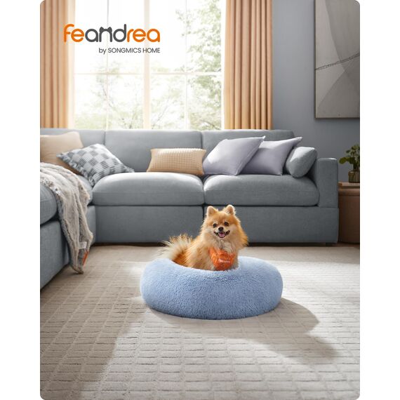 Feandrea Hundebett flauschig, Katzenbett, Donut Kissen, waschbar, Polsterung in der Mitte herausnehmbar, Langer Plüsch, 60 cm Durchmesser, blassblau PGW038Q01