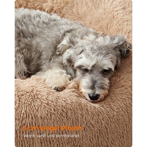 Feandrea Hundebett flauschig, Katzenbett, Donut Kissen, waschbar, Polsterung in der Mitte herausnehmbar, Langer Plüsch, 70 cm Durchmesser, Kamelbraun PGW039K01