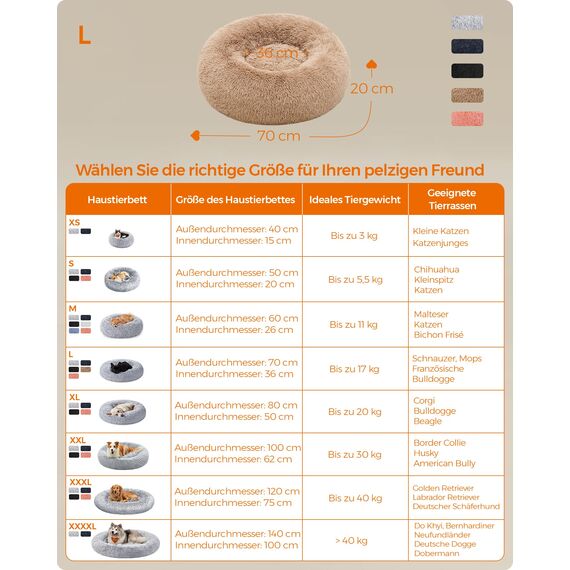 Feandrea Hundebett flauschig, Katzenbett, Donut Kissen, waschbar, Polsterung in der Mitte herausnehmbar, Langer Plüsch, 70 cm Durchmesser, Kamelbraun PGW039K01