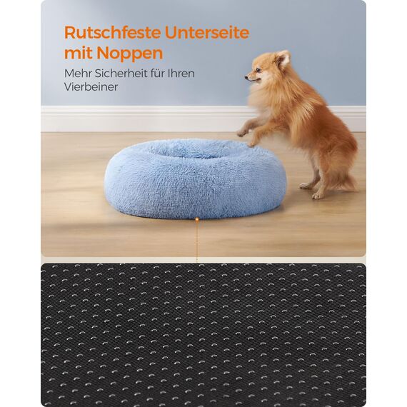 Feandrea Hundebett flauschig, Katzenbett, Donut Kissen, waschbar, Polsterung in der Mitte herausnehmbar, Langer Plüsch, 60 cm Durchmesser, blassblau PGW038Q01