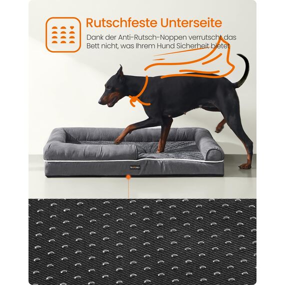 Feandrea Orthopädisches Hundebett, Hundekissen, Hundekorb, weiche Polsterung, Hundesofa, erhöhte Ränder, Bezug abnehmbar und waschbar, 120 x 85 x 18 cm, rutschfeste Unterseite, dunkelgrau PGW078G01V1