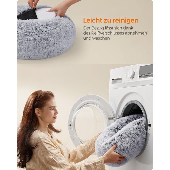 Feandrea Hundebett flauschig, Katzenbett, Donut Kissen, waschbar, Polsterung in der Mitte herausnehmbar, Langer Plüsch, 40 cm Durchmesser, Ombré-Grau PGW036G01
