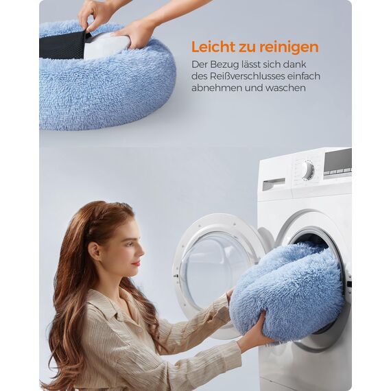 Feandrea Hundebett flauschig, Katzenbett, Donut Kissen, waschbar, Polsterung in der Mitte herausnehmbar, Langer Plüsch, 60 cm Durchmesser, blassblau PGW038Q01