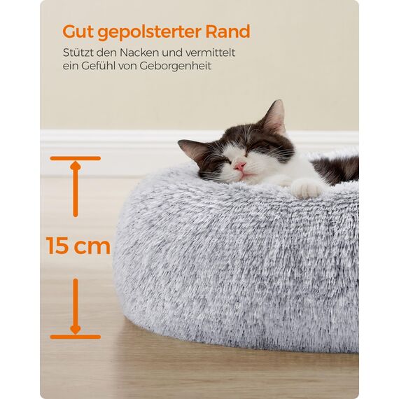 Feandrea Hundebett flauschig, Katzenbett, Donut Kissen, waschbar, Polsterung in der Mitte herausnehmbar, Langer Plüsch, 40 cm Durchmesser, Ombré-Grau PGW036G01
