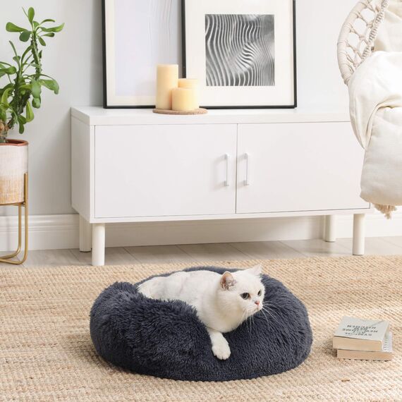Feandrea Hundebett flauschig, Katzenbett, Donut Kissen, waschbar, Polsterung in der Mitte herausnehmbar, Langer Plüsch, 50 cm Durchmesser, dunkelgrau PGW037G02