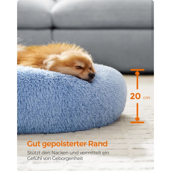 Feandrea Hundebett flauschig, Katzenbett, Donut Kissen, waschbar, Polsterung in der Mitte herausnehmbar, Langer Plüsch, 60 cm Durchmesser, blassblau PGW038Q01