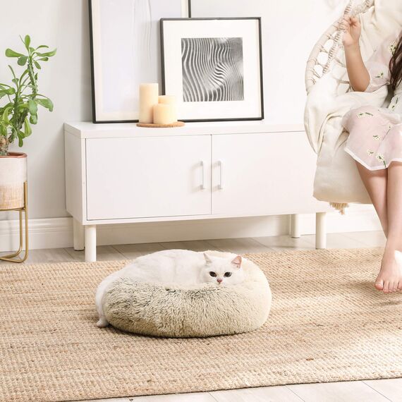 Feandrea Hundebett flauschig, Katzenbett, Donut Kissen, waschbar, Polsterung in der Mitte herausnehmbar, Langer Plüsch, 50 cm Durchmesser, Ombré-Khaki PGW037S01