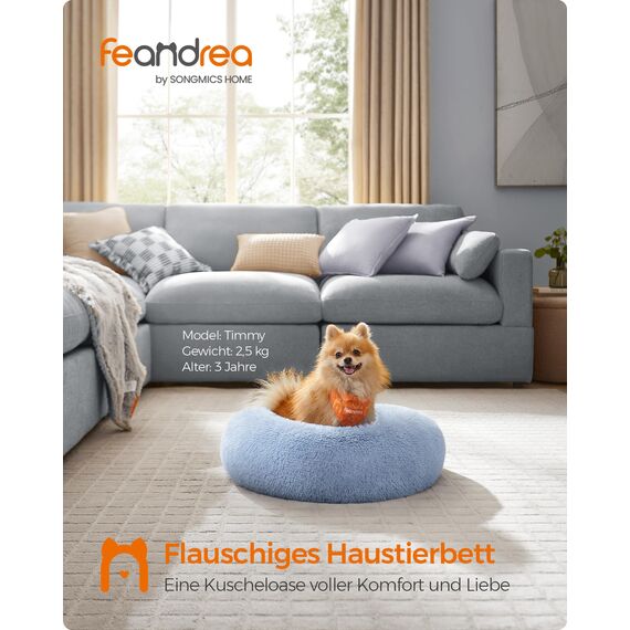 Feandrea Hundebett flauschig, Katzenbett, Donut Kissen, waschbar, Polsterung in der Mitte herausnehmbar, Langer Plüsch, 60 cm Durchmesser, blassblau PGW038Q01