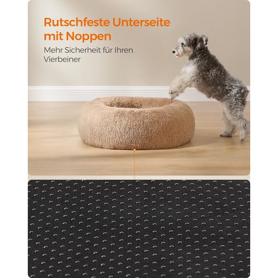 Feandrea Hundebett flauschig, Katzenbett, Donut Kissen, waschbar, Polsterung in der Mitte herausnehmbar, Langer Plüsch, 70 cm Durchmesser, Kamelbraun PGW039K01