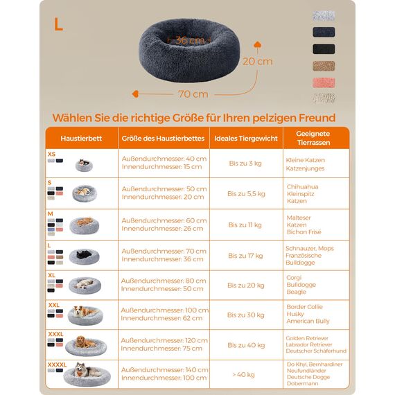 Feandrea Hundebett flauschig, Katzenbett, Donut Kissen, waschbar, Polsterung in der Mitte herausnehmbar, Langer Plüsch, 70 cm Durchmesser, dunkelgrau PGW039G02