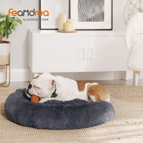 Feandrea Hundebett flauschig, Katzenbett, Donut Kissen, waschbar, Polsterung in der Mitte herausnehmbar, Langer Plüsch, 80 cm Durchmesser, dunkelgrau PGW040G02