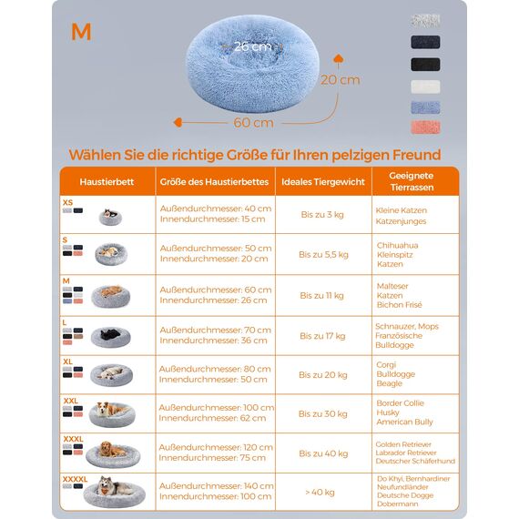 Feandrea Hundebett flauschig, Katzenbett, Donut Kissen, waschbar, Polsterung in der Mitte herausnehmbar, Langer Plüsch, 60 cm Durchmesser, blassblau PGW038Q01
