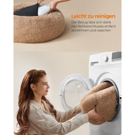 Feandrea Hundebett flauschig, Katzenbett, Donut Kissen, waschbar, Polsterung in der Mitte herausnehmbar, Langer Plüsch, 70 cm Durchmesser, Kamelbraun PGW039K01