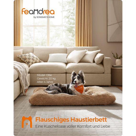 Feandrea Hundebett, Hundekissen, Flauschige Hundematte, Langer Plüsch, 122 x 74 cm, weiche Polsterung, waschbar, multifunktional, Kamelbraun PGW204K01