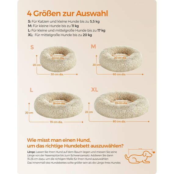 Feandrea Hundebett flauschig, Katzenbett, Donut Kissen, waschbar, Polsterung in der Mitte herausnehmbar, Langer Plüsch, 50 cm Durchmesser, Ombré-Khaki PGW037S01