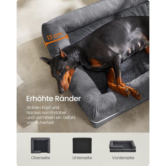 Feandrea Orthopädisches Hundebett, Hundekissen, Hundekorb, weiche Polsterung, Hundesofa, erhöhte Ränder, Bezug abnehmbar und waschbar, 120 x 85 x 18 cm, rutschfeste Unterseite, dunkelgrau PGW078G01V1