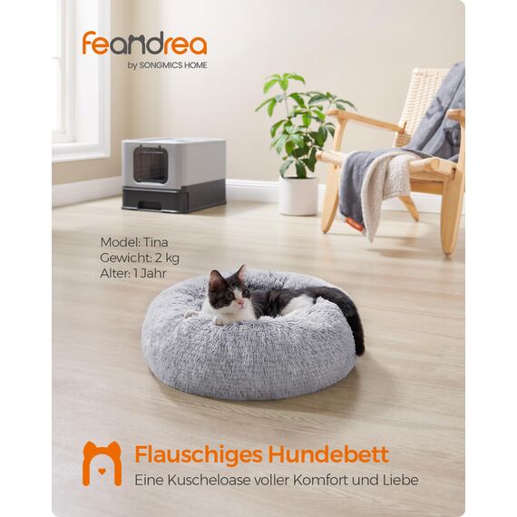Feandrea Hundebett flauschig, Katzenbett, Donut Kissen, waschbar, Polsterung in der Mitte herausnehmbar, Langer Plüsch, 40 cm Durchmesser, Ombré-Grau PGW036G01