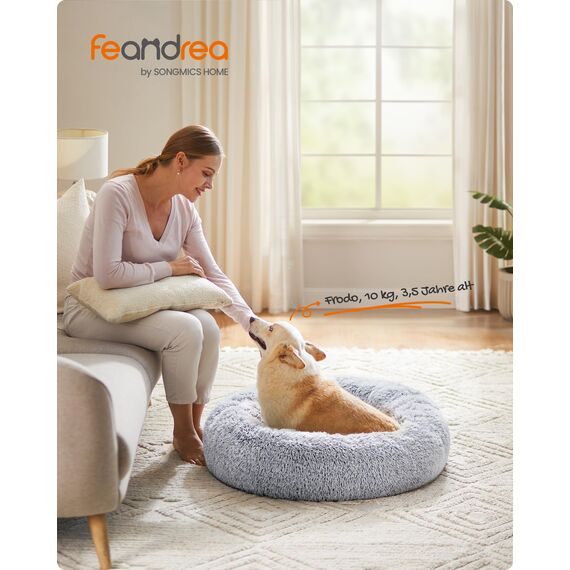 Feandrea Hundebett flauschig, Katzenbett, Donut Kissen, waschbar, Polsterung in der Mitte herausnehmbar, Langer Plüsch, 80 cm Durchmesser, Ombré-Grau PGW040G01