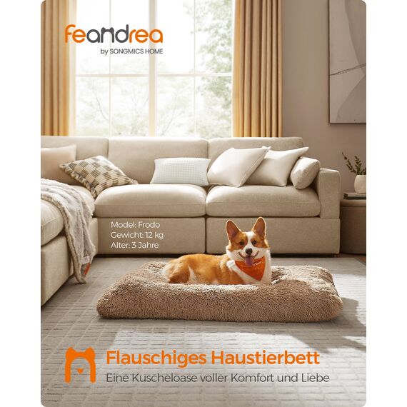 Feandrea Hundebett, Hundekissen, Flauschige Hundematte, Langer Plüsch, 110 x 73 cm, weiche Polsterung, waschbar, multifunktional, Kamelbraun PGW203K01
