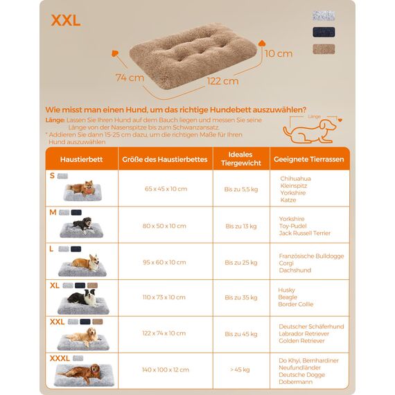 Feandrea Hundebett, Hundekissen, Flauschige Hundematte, Langer Plüsch, 122 x 74 cm, weiche Polsterung, waschbar, multifunktional, Kamelbraun PGW204K01