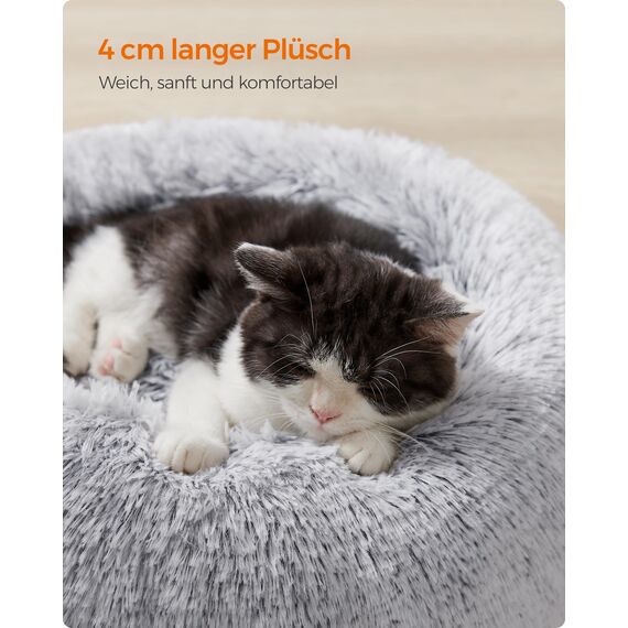 Feandrea Hundebett flauschig, Katzenbett, Donut Kissen, waschbar, Polsterung in der Mitte herausnehmbar, Langer Plüsch, 40 cm Durchmesser, Ombré-Grau PGW036G01