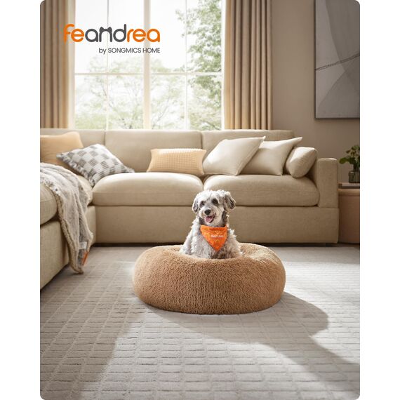 Feandrea Hundebett flauschig, Katzenbett, Donut Kissen, waschbar, Polsterung in der Mitte herausnehmbar, Langer Plüsch, 70 cm Durchmesser, Kamelbraun PGW039K01