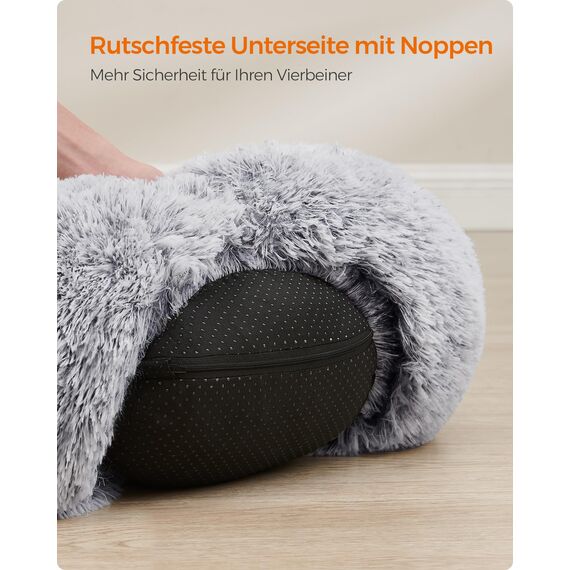 Feandrea Hundebett flauschig, Katzenbett, Donut Kissen, waschbar, Polsterung in der Mitte herausnehmbar, Langer Plüsch, 40 cm Durchmesser, Ombré-Grau PGW036G01
