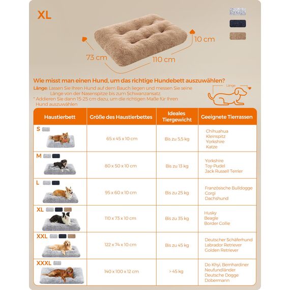 Feandrea Hundebett, Hundekissen, Flauschige Hundematte, Langer Plüsch, 110 x 73 cm, weiche Polsterung, waschbar, multifunktional, Kamelbraun PGW203K01