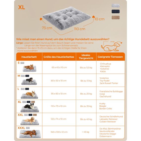 Feandrea Hundebett, Hundekissen, Flauschige Hundematte, Langer Plüsch, 110 x 73 cm, weiche Polsterung, waschbar, multifunktional, Ombré-Grau PGW203G01