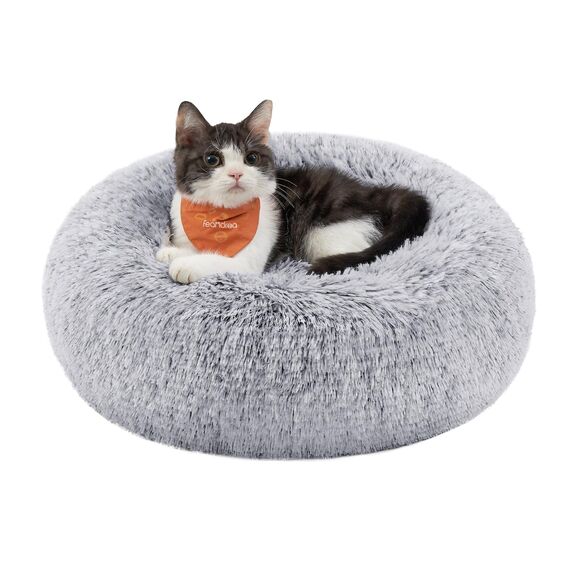 Feandrea Hundebett flauschig, Katzenbett, Donut Kissen, waschbar, Polsterung in der Mitte herausnehmbar, Langer Plüsch, 40 cm Durchmesser, Ombré-Grau PGW036G01